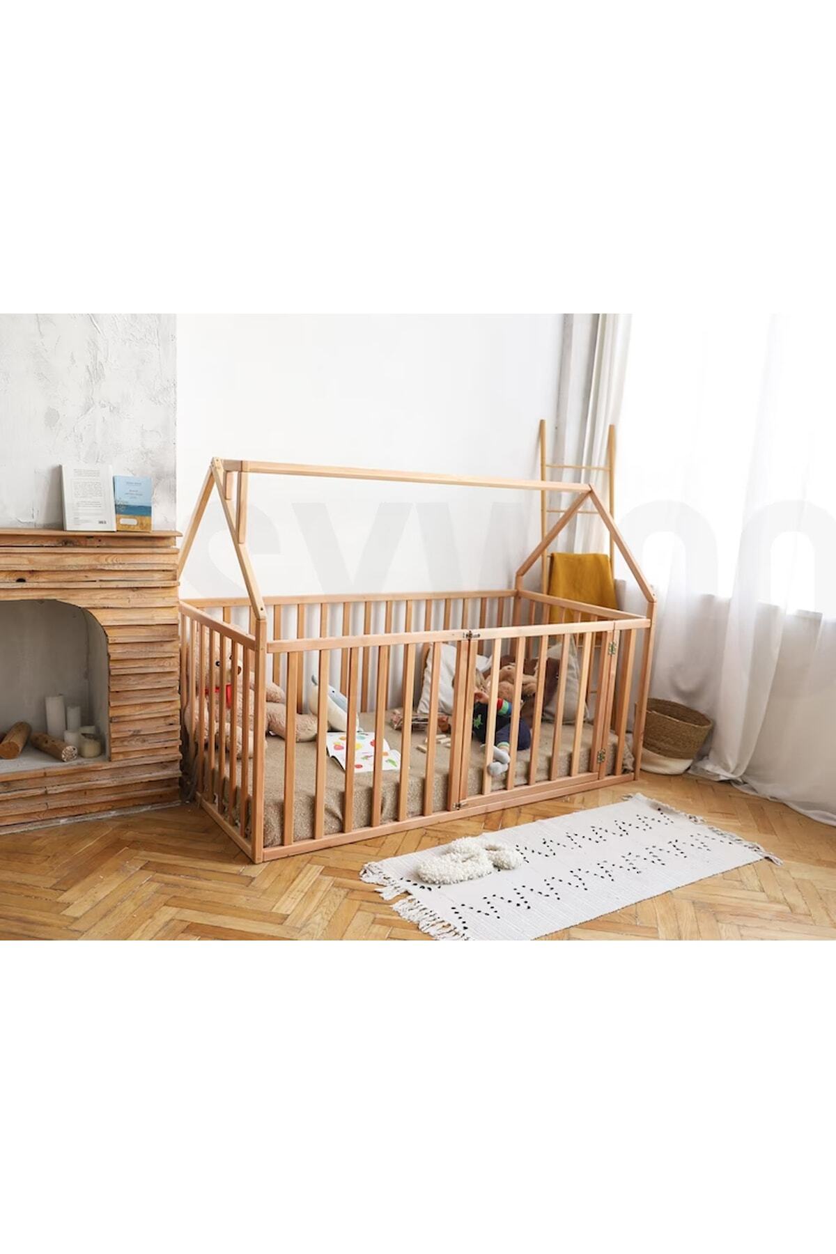 75 Cm Korkuluklu Ahşap Montessori Karyola - Masif Ahşap Karyola -tree05-75