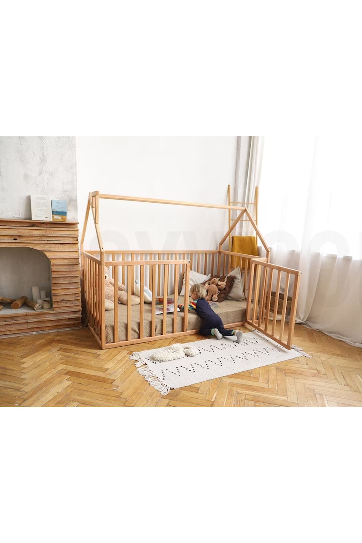 75 Cm Korkuluklu Ahşap Montessori Karyola - Masif Ahşap Karyola -tree05-75